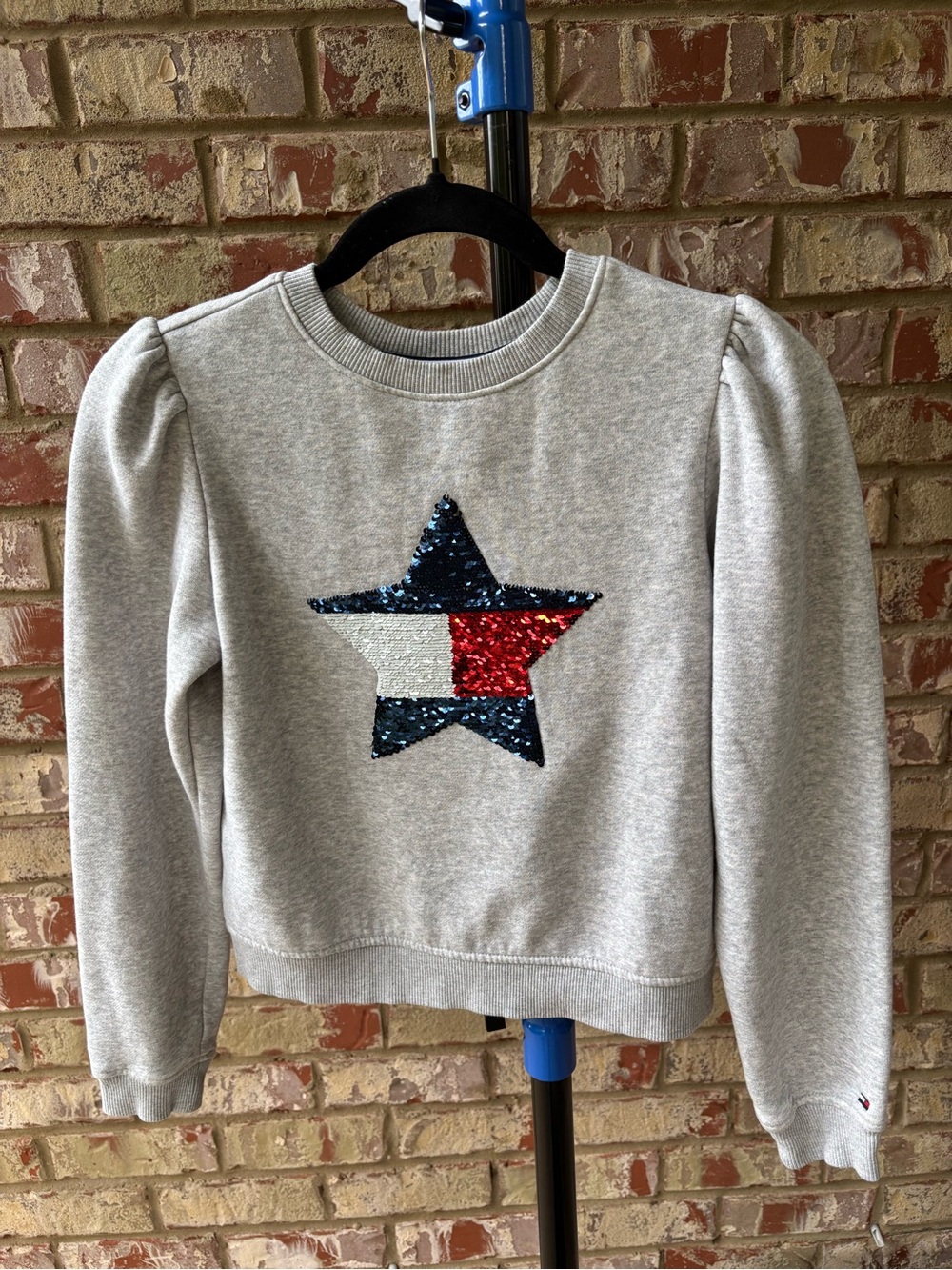 Tommy Hilfiger Gray V‑Neck Sweater with Sequin Star - Red, White & Navy